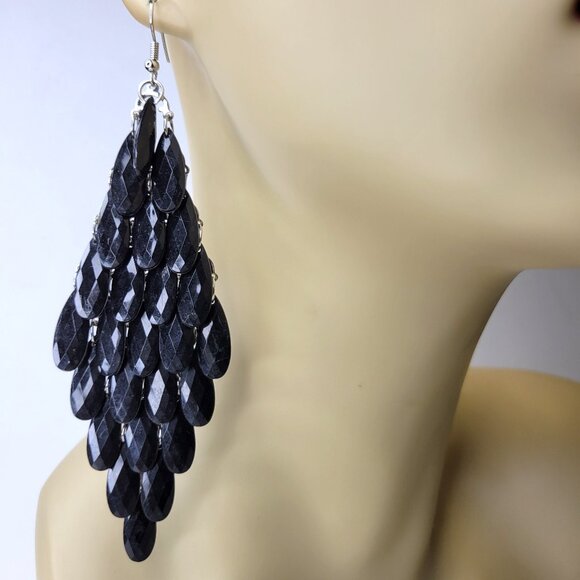 Black Glass Bead Long Earrings Chandelier Teardrop Diamond Shape Drop Earrings - Picture 1 of 7